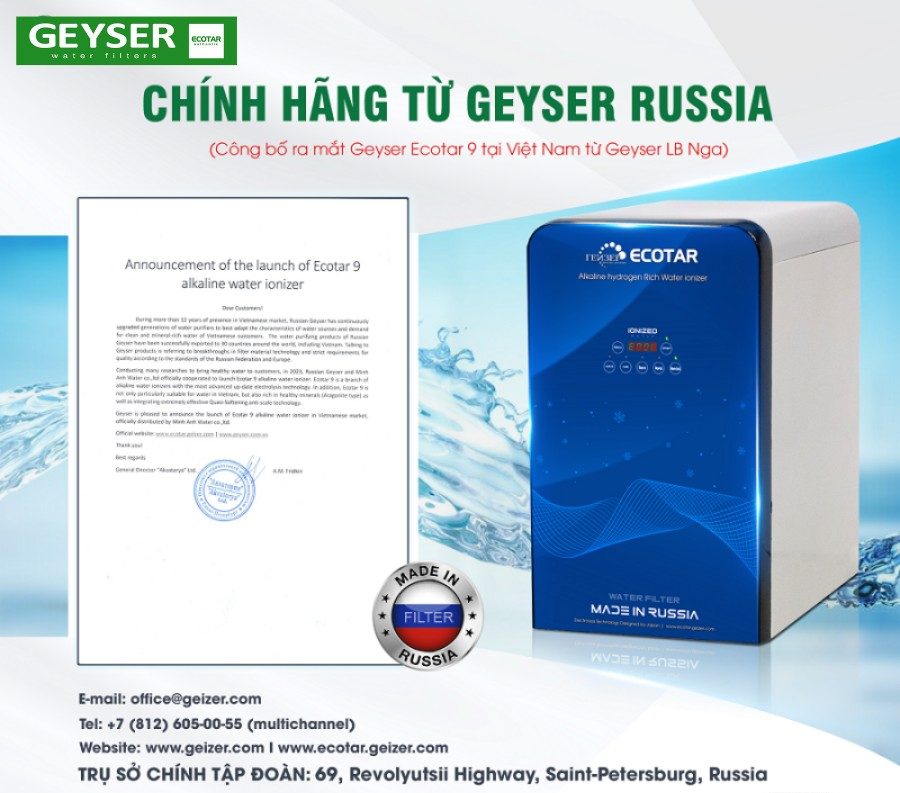 Công bố ra mắt máy lọc nước ion kiềm Geyser Ecotar 9 CHÍNH HÃNG từ Geyser LB Nga