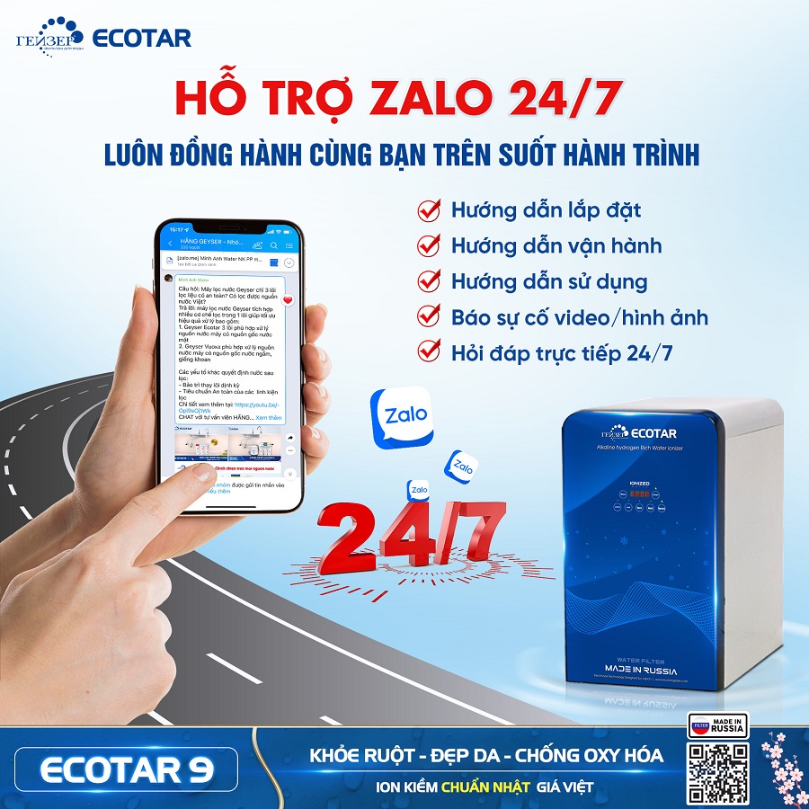 Khách hàng mua máy lọc nước ion kiềm Geyser Ecotar 9 được hãng Geyser hỗ trợ Zalo 24/7