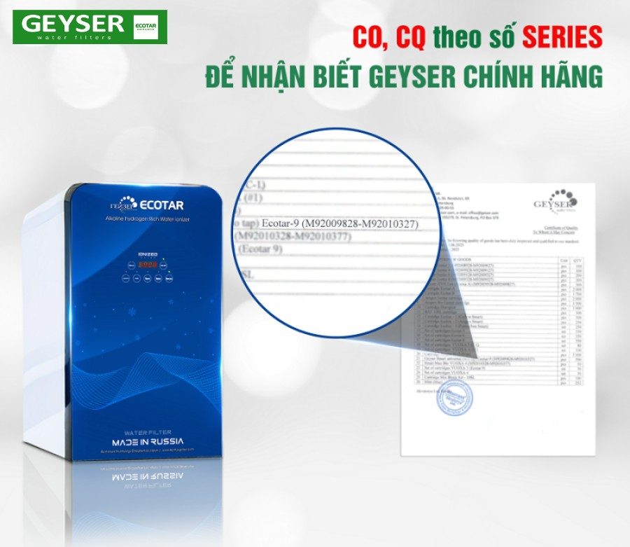 Chứng nhận chính hãng khi mua máy lọc Geyser Ecotar 9
