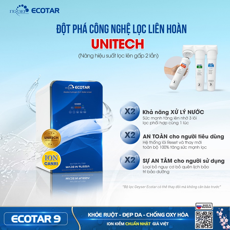 Máy lọc nước ion kiềm Geyser Ecotar 9 sử dụng công nghệ lõi lọc liên hoàn Unitech thay thế trọn bộ an toàn tuyệt đối trong suốt quá trình sử dụng.