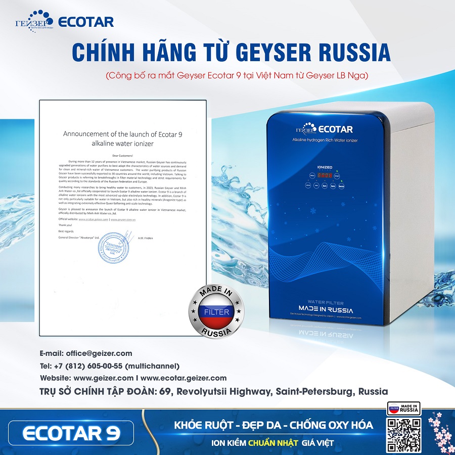 Công bố ra mắt máy lọc nước ion kiềm Geyser Ecotar 9 CHÍNH HÃNG từ Geyser LB Nga