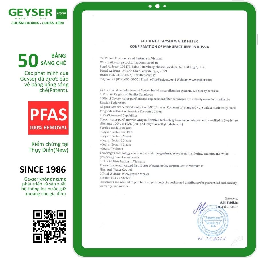 Chứng nhận EAC và PFAS của máy lọc nước Geyser