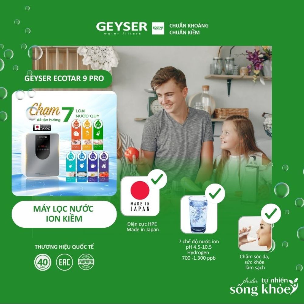 Máy lọc nước ion kiềm giàu hydro Ecotar 9 Pro tạo ra đến 7 chế độ nước quý