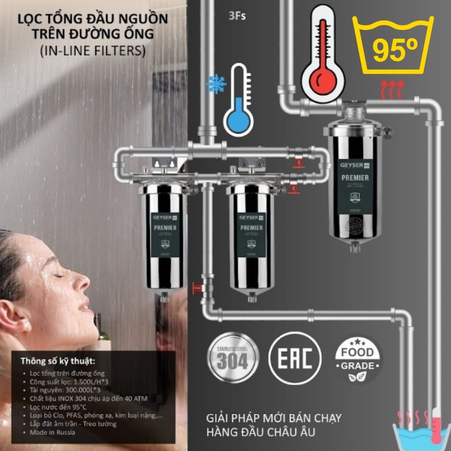 Lọc tổng chung cư Geyser lắp trực tiếp trên đường ống lọc nước nóng lên đến 95°C