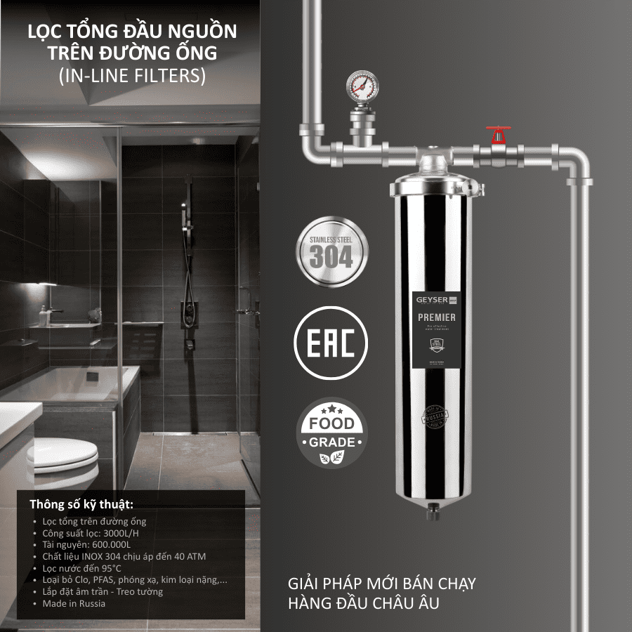 Lọc tổng đầu nguồn trên đường ống nâng cao trải nghiệm tắm và sinh hoạt, bảo vệ thiết bị gia dụng