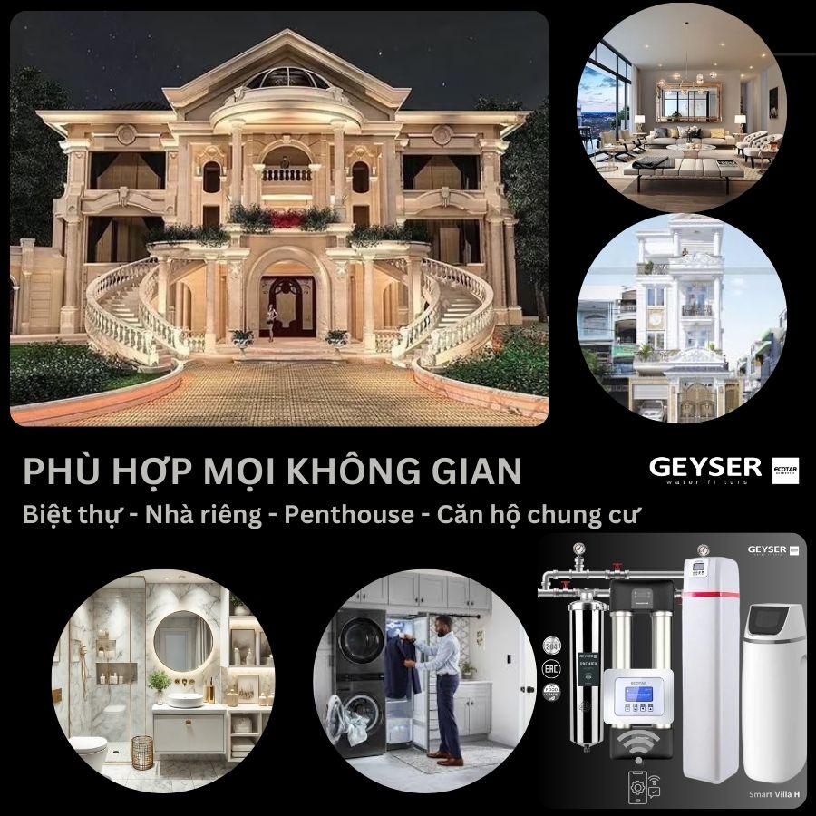 Hệ thống lọc tổng đầu nguồn villa biệt thự tích hợp điều khiển thông minh Geyser Ecotar Lux Smart Villa H11
