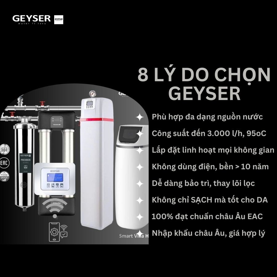 Hệ thống lọc tổng đầu nguồn villa biệt thự tích hợp điều khiển thông minh Geyser Ecotar Lux Smart Villa H6